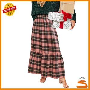 Plaid Ruffled Maxi Skirt High-Rise Waist A-Line Long Skirt